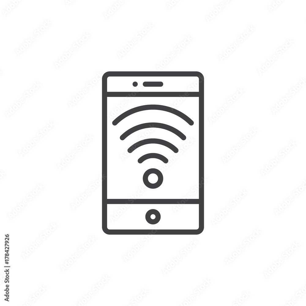 Smartphone with wi-fi wireless network line icon, outline vector sign, linear style pictogram isolated on white. Mobile signal symbol, logo illustration. Editable stroke Smartphone with wi-fi wireless network line icon, outline vector sign, linear style pictogram isolated on white. Mobile signal symbol, logo illustration. Editable stroke