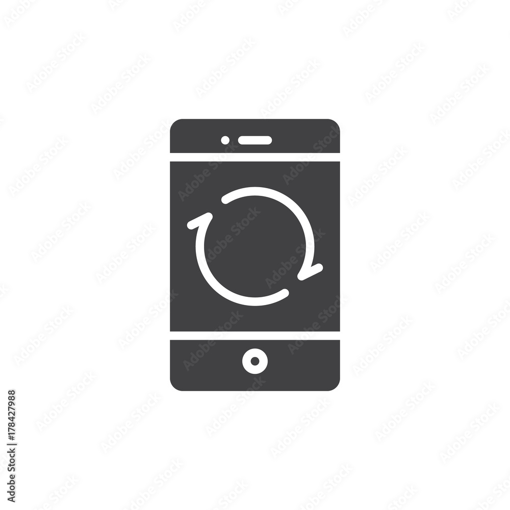 Smartphone reload button icon vector, filled flat sign, solid pictogram isolated on white. Mobile phone restarting function symbol, logo illustration. Smartphone reload button icon vector, filled flat sign, solid pictogram isolated on white. Mobile phone restarting function symbol, logo illustration.