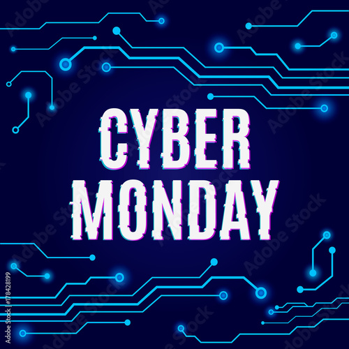 Cyber monday on abstract hi tech blue circuit board. Vector illustration. Flat modern web banner.
