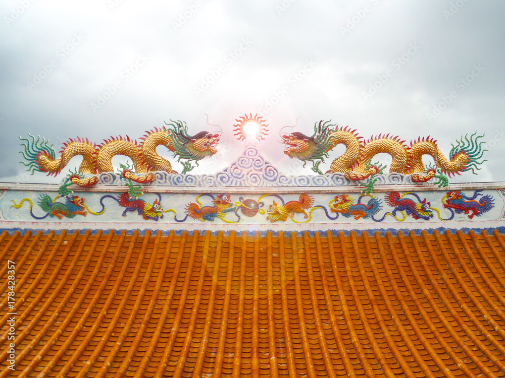 two dragon mosaic on roof sun flare lantern chinese art two dragon mosaic on roof sun flare lantern chinese art