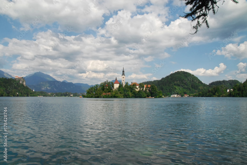 Lake Bled with Church of the Assumption in front of Bled Castle and mountain range (with tree branch)