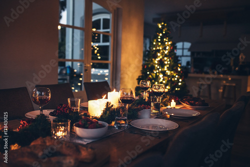 Dining table set for Christmas dinner