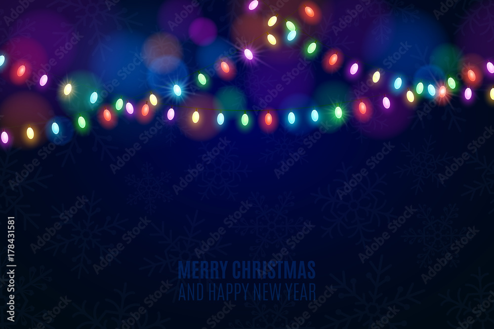 Christmas multicolored lights on a dark background. Snowflakes on the background. Celebratory background. Multicolored glare. Glowing garlands. Luminous oval light bulbs. Vector