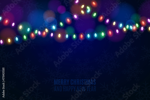 Christmas multicolored lights on a dark background. Snowflakes on the background. Celebratory background. Multicolored glare. Glowing garlands. Luminous oval light bulbs. Vector