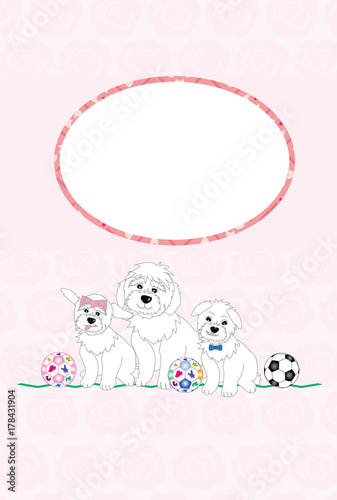 犬の親子とサッカーボールのイラストのピンクの写真フレームのポストカード