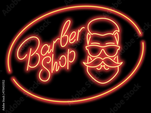 Neon sign barber shop. Red neon sign.A man's face with a beard and mustache with glasses in an oval frame on a black background. Vector illustration.