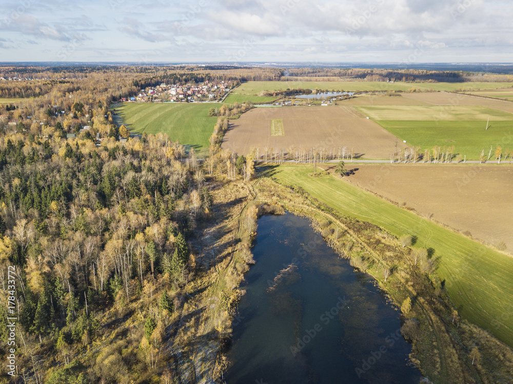 Fields, lake and forest  near Lugovaya, Moscow region. View from above