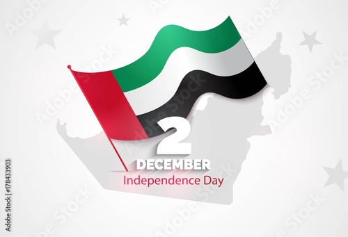 2 December. UAE Independence Day greeting card. Celebration background with waving flag and map. Vector illustration