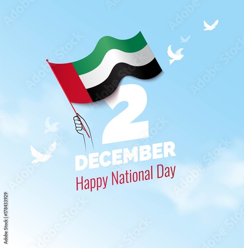 2 December. UAE Independence Day greeting card. Celebration background with  waving flag and blue sky. Vector illustration