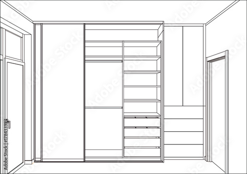 3D vector sketch. Empty wardrobe with sliding doors in the interior. Wardrobe sketch. Home Interior Design Software Programs.
