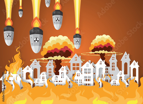 War Destroyed City Village with fire .paper art style