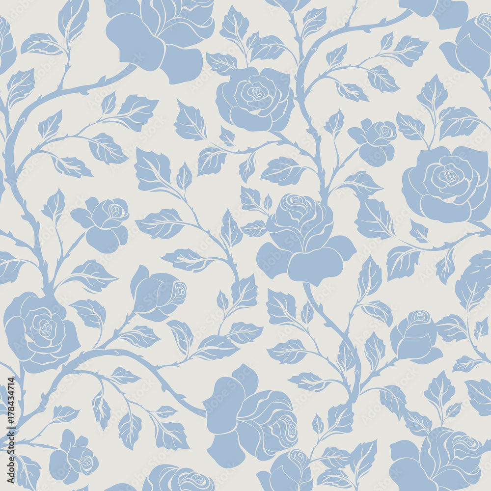 Fototapeta premium Seamless floral pattern with blue roses. Vector monochrome background for textile, print, wallpapers, wrapping.
