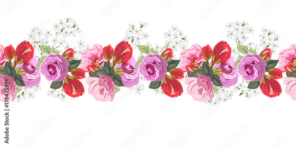 Seamless floral border with cute pink and red flowers and beautiful roses. Hand-drawn pattern on white background. Design element for cards, invitations, wedding, congratulations.