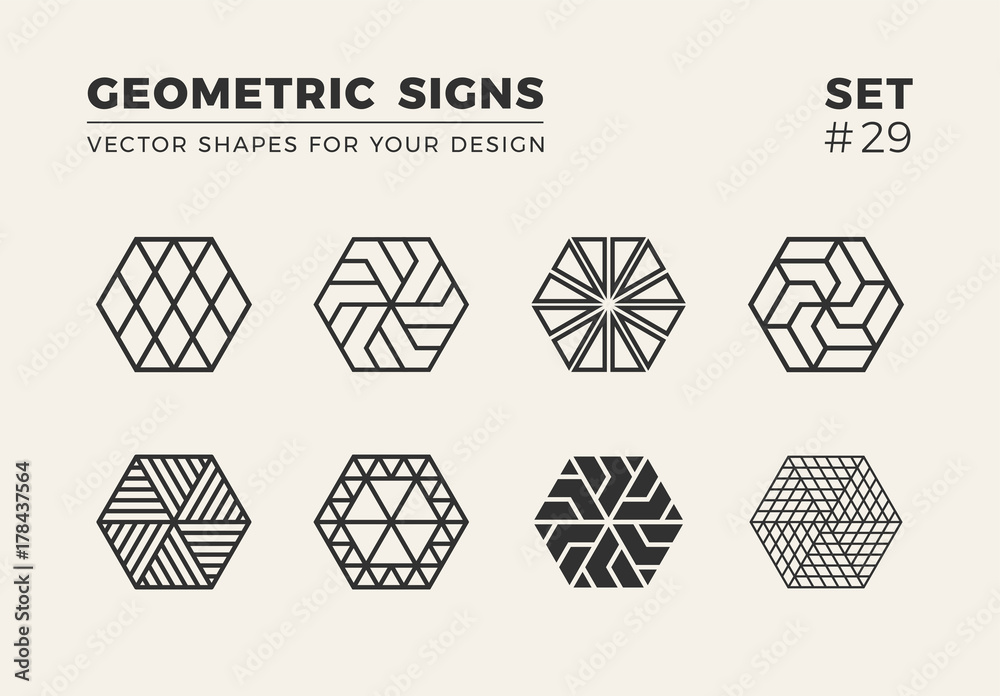 Set of eight minimalistic trendy shapes. Stylish vector logo emblems for Your design. Simple geometric signs collection.