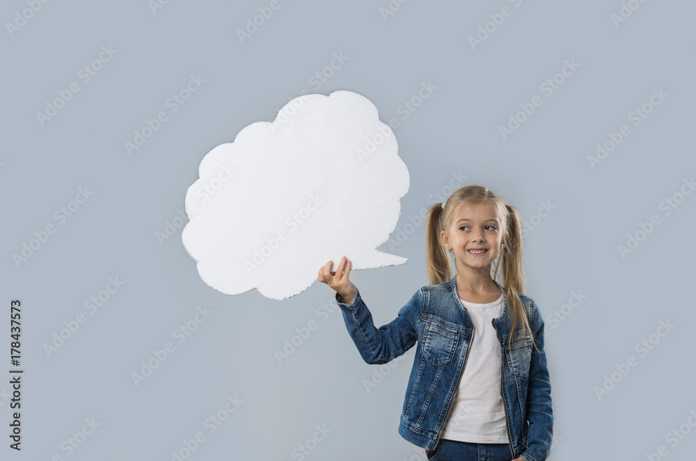 Beautiful Little Girl Happy Smiling White Cloud Copy Space Wear Jeans Coat Isolated Over Gray Background Beautiful Little Girl Happy Smiling White Cloud Copy Space Wear Jeans Coat Isolated Over Gray Background