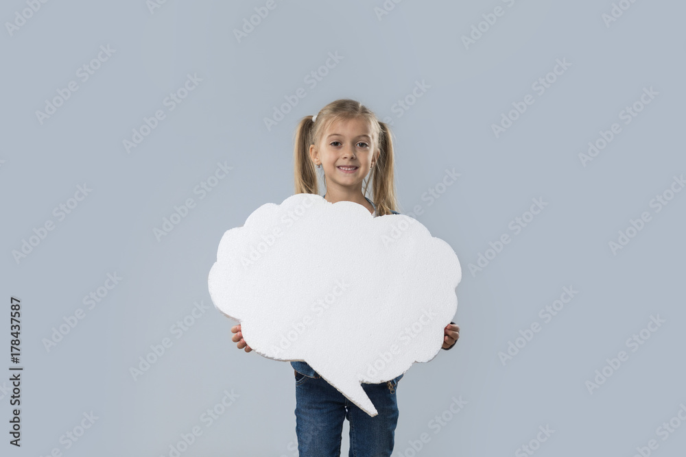 Beautiful Little Girl Happy Smiling White Cloud Copy Space Wear Jeans Coat Isolated Over Gray Background Beautiful Little Girl Happy Smiling White Cloud Copy Space Wear Jeans Coat Isolated Over Gray Background
