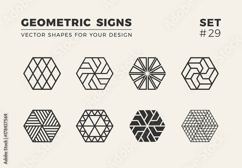 Set of eight minimalistic trendy shapes. Stylish vector logo emblems for Your design. Simple geometric signs collection.
