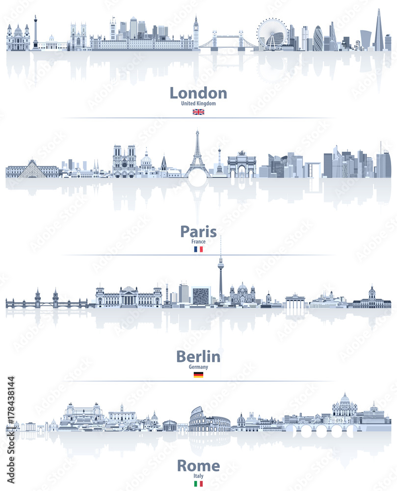 London, Paris, Berlin and Rome cities skylines vector illustrations