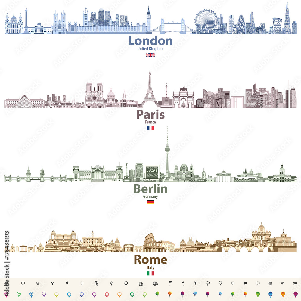 Obraz premium London, Paris, Berlin and Rome city skylines in bright color palettes vector illustrations