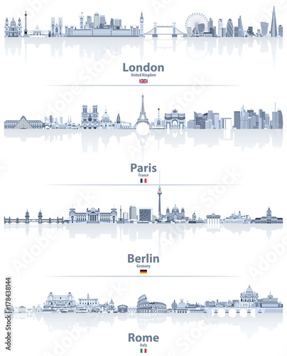 London, Paris, Berlin and Rome cities skylines vector illustrations