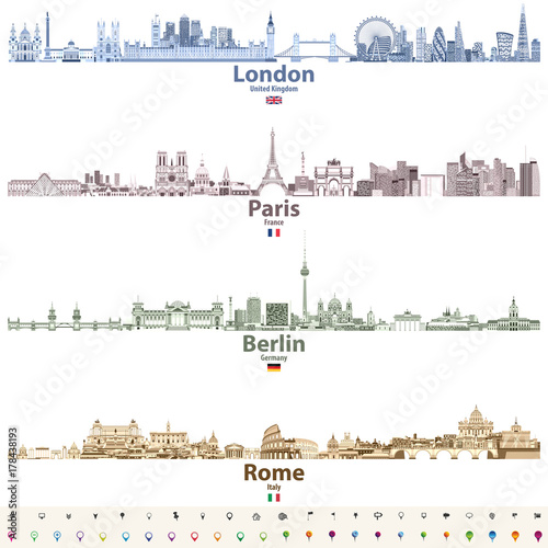London, Paris, Berlin and Rome city skylines in bright color palettes vector illustrations photo