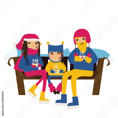Vector family in winter clothes sitting on a bench with tea cups in hands. Vector isolated people - mom, dad and kid