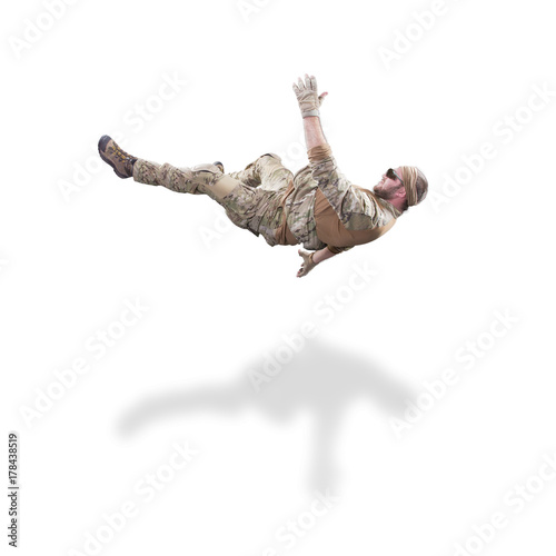 USA Army soldier with rifle (motion effect). Shot in studio on white background. Action concept