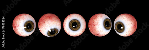 five realistic human eyes with brown iris, isolated on black background photo