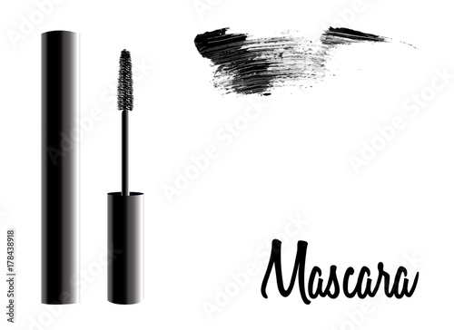 Vector Black Realistic Mascara and brush stroke vector Isolated on White Background. Beauty and cosmetic background. Vector illustration.