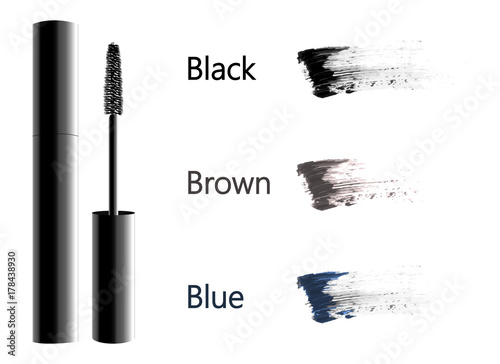 Vector Black Realistic Mascara and brown, blue and black brush stroke vector Isolated on White Background. Beauty and cosmetic makeup background. Vector illustration.