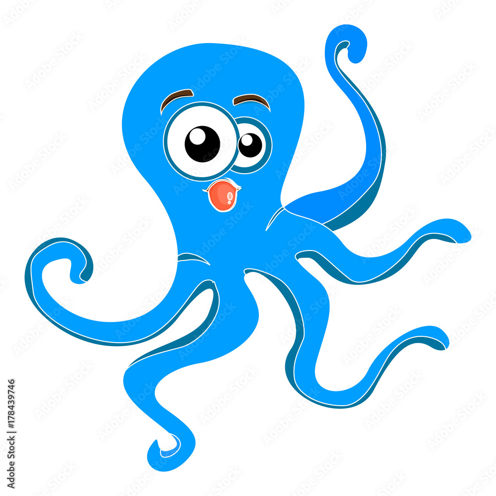 Octopus blue marine (stick out tongue), cartoon on white background, Octopus blue marine (stick out tongue), cartoon on white background,