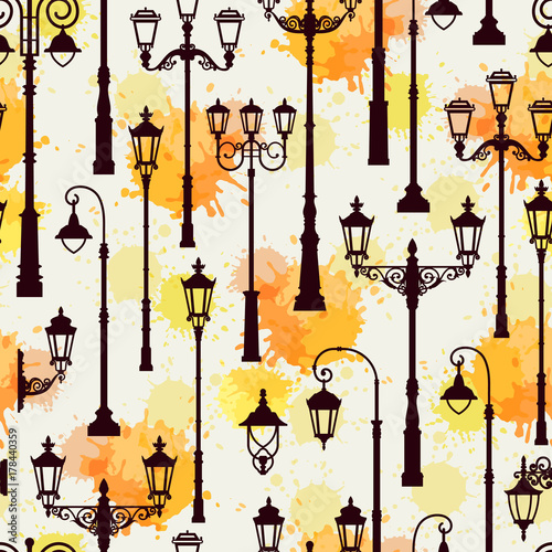 Seamless pattern of vintage streetlights. Can be used as background, packaging paper, cover, fabric and etc.