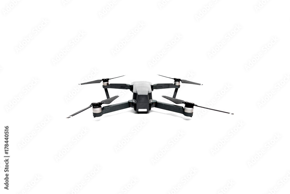 Flying helicopter drone with camera. Studio shot isolated on white background.