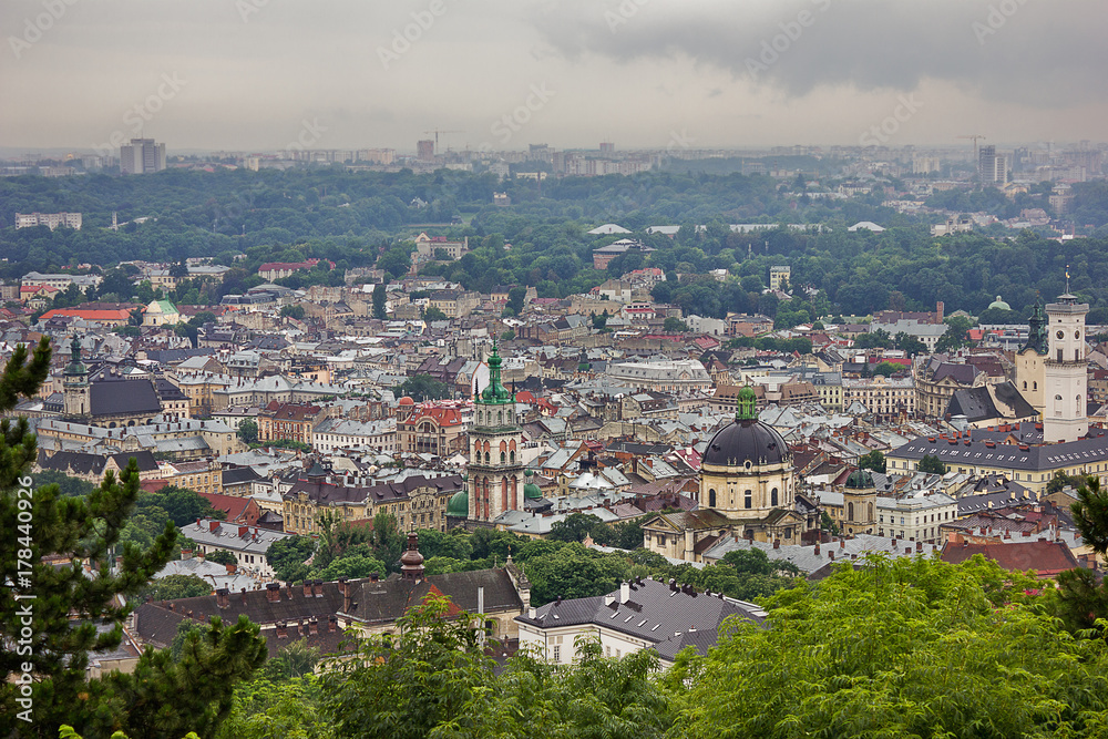 A view of the old city from a height overcast summer day. Lviv, Ukraine.