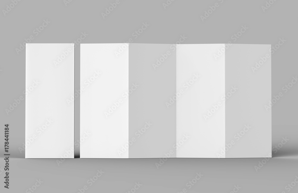 Accordion fold brochure, eight pages four panel leaflet, concertina fold. blank white 3d render illustration. Accordion fold brochure, eight pages four panel leaflet, concertina fold. blank white 3d render illustration.
