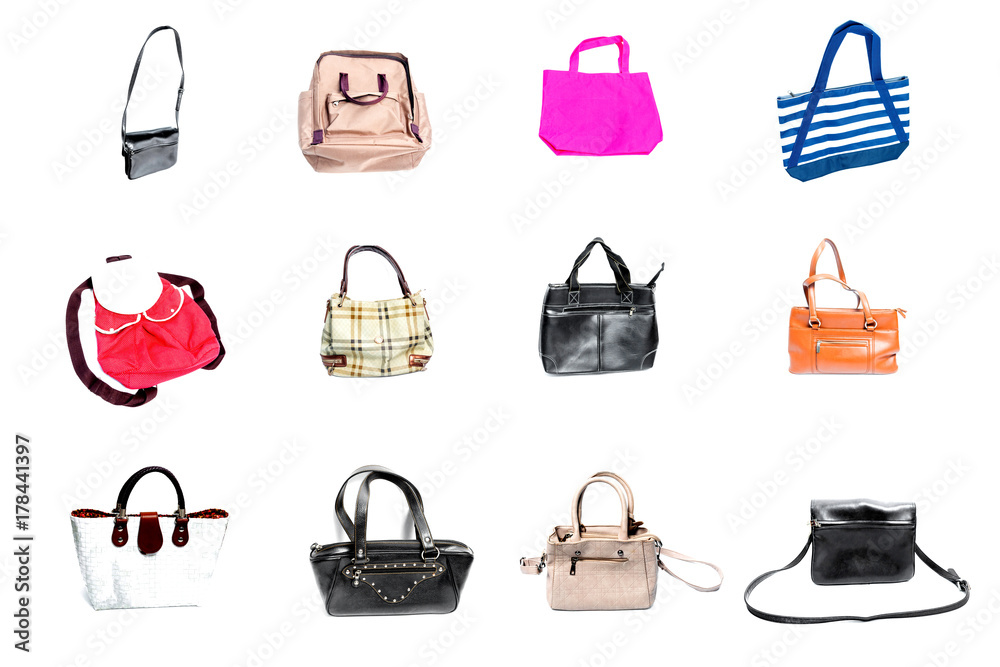 Female bags collection on white background.Set of multicolored female bags. Female bags collection on white background.Set of multicolored female bags.