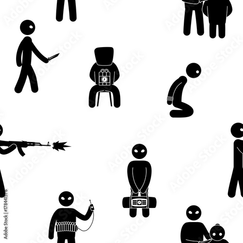 Terrorism concept. Set of terrorist people. Terror world threat. Seamless background. Vector illustration