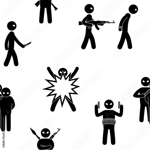 Terrorism concept. Set of terrorist people. Terror world threat. Seamless background. Vector illustration