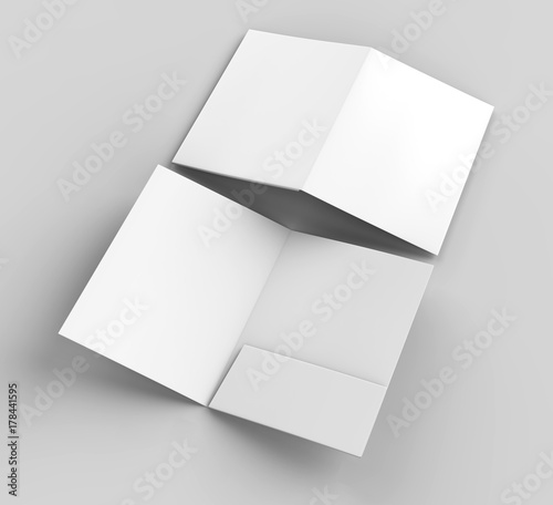 Blank white reinforced A4 single pocket folders on grey background for mock up. 3D rendering.