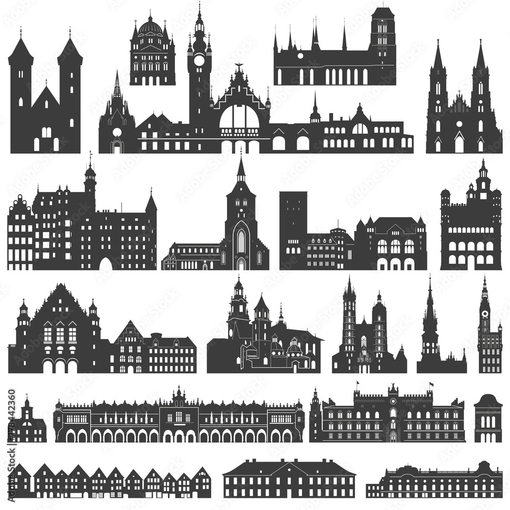 Obraz premium vector collection of palaces, temples, churches, cathedrals, castles, city halls, edifices, ancient buildings and other architectural monuments silhouettes
