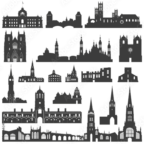 vector collection of palaces, temples, churches, cathedrals, castles, city halls, edifices,  ancient buildings and other architectural monuments silhouettes