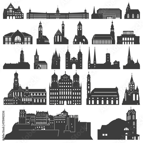 vector collection of palaces, temples, churches, cathedrals, castles, city halls, edifices,  ancient buildings and other architectural monuments silhouettes