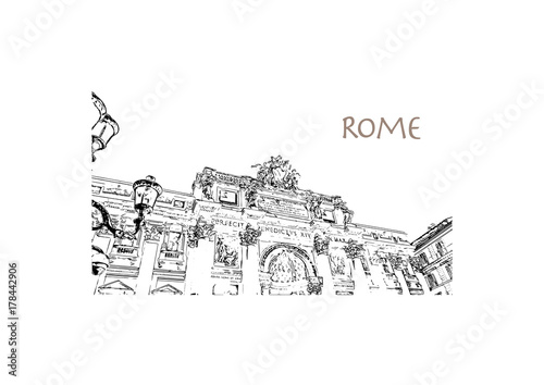Hand drawn sketch of The Trevi Fountain is a fountain in the Trevi district in Rome, Italy in vector illustration.