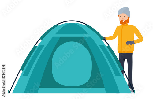 Climber set, camper puts his tent. Character creation. Isolated against white background. Vector illustration. Cartoon flat style.
