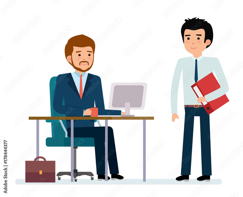 Business people and situations. The boss came by subordinate. Work at the computer. Flat style color modern vector illustration.