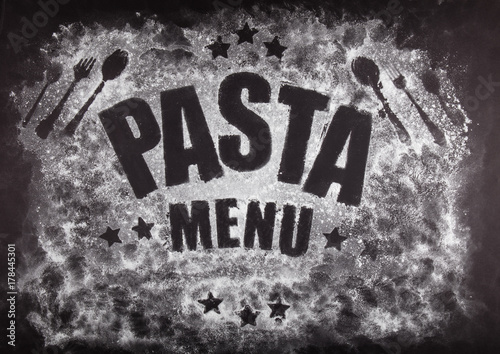 Restaurant menu design for pasta. Poster for pasteria with black board background.  Photo studio shoot. Design concept. photo