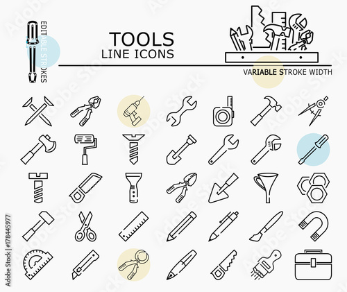 Tools line icons with minimal nodes and editable stroke width and style