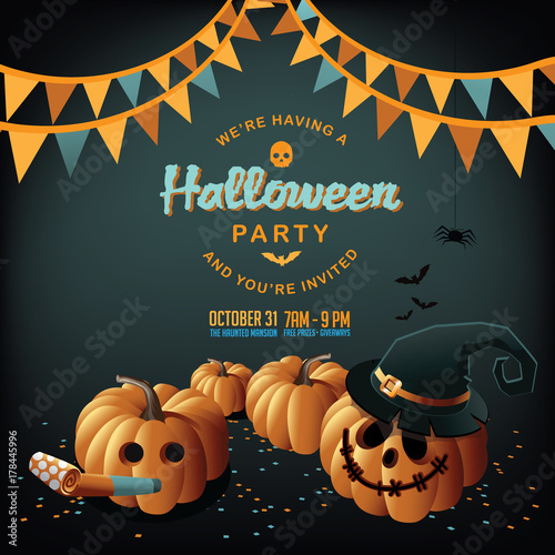 Halloween party background illustration with jack o lantern and bunting. EPS 10 vector.