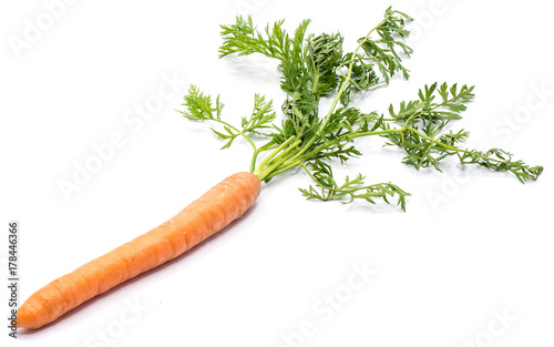 One fresh long orange carrot with leaves isolated on white background