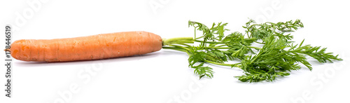 One fresh long orange carrot with green leaves isolated on white background